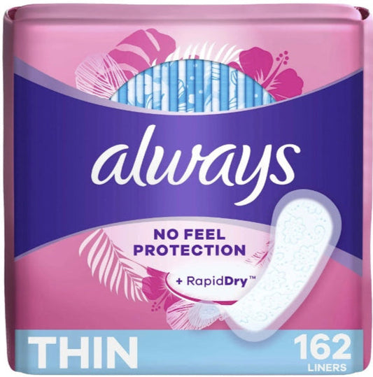 Always Thin No Feel Protection Daily Liners, Regular, Unscented, 162 Count