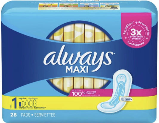 Always Maxi Daytime Pads Without Wings, Size 1, Regular, Unscented, 28 CT