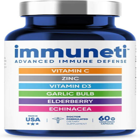 Immuneti - Advanced Immune Defense, 6-in-1 Powerful Blend of Vitamin C, Vitamin D3, Zinc, Elderberries, Garlic Bulb, Echinacea - Supports Overall Health, Provides Vital Nutrients & Antioxidants