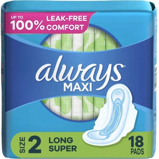 Always Maxi Daytime Pads with Wings, Size 2, Long, Unscented, 18 Ct