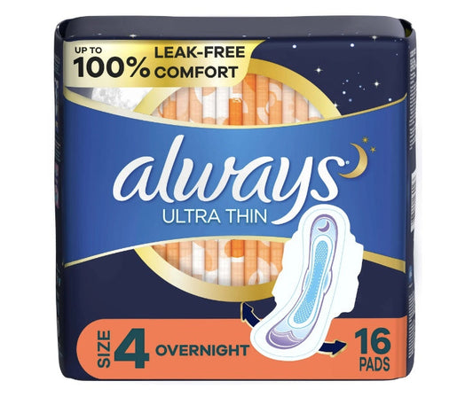 Always Ultra Thin Overnight Pads with Flexi-Wings, Size 4, Overnight, Unscented, 16 Count