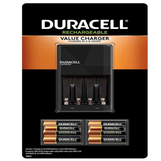 Duracell Ion Speed 1000 Charger for Rechargeable AA and AAA Batteries, Includes 6 AA and 2 AAA Pre-Charged Batteries for Household and Business