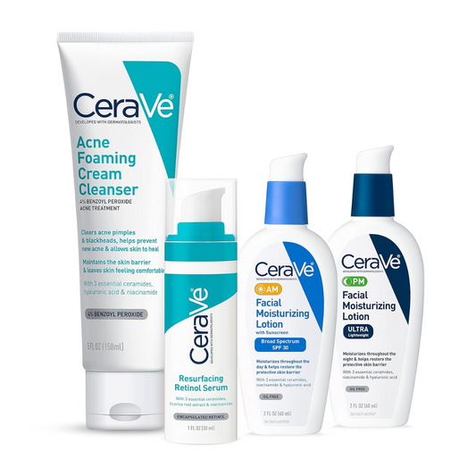 CeraVe Acne Skin Care Set | 5oz Acne Foaming Cream Cleanser + 1oz Resurfacing Retinol Serum + 2oz AM Facial Moisturizing Lotion with SPF 30 + 2oz PM Facial Moisturizing Lotion | Skin Care Routine